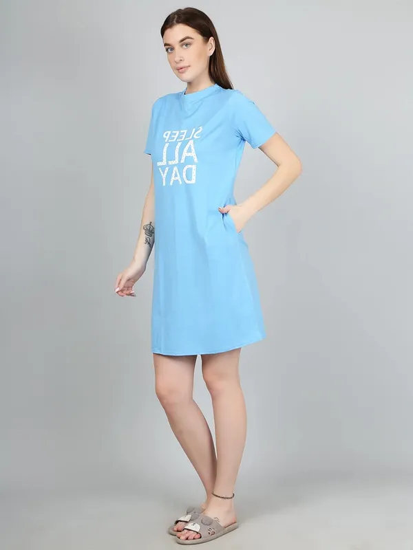 SkyBlue_Cotton_Printed_Long_Sleep_Tee_For_Women