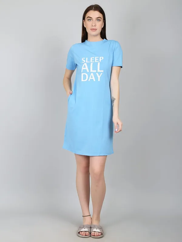 SkyBlue_Cotton_Printed_Long_Sleep_Tee_For_Women