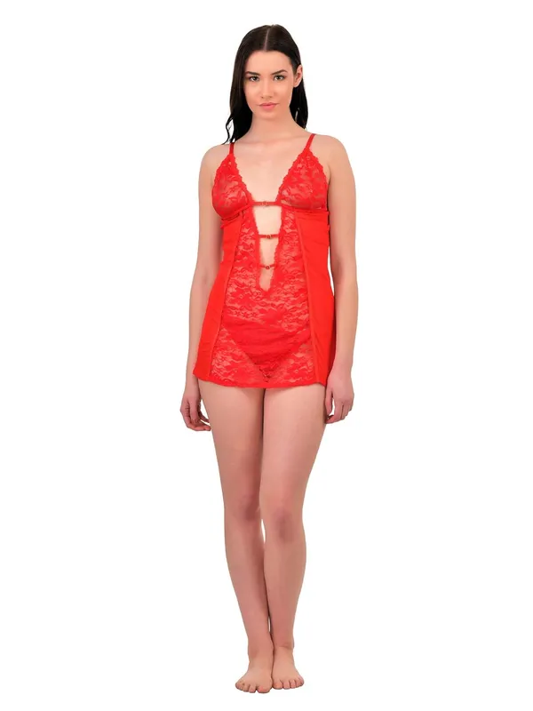 Red_Spandex_Deep_Neck_Lace_Net_Chemise_Nightwear_with_G-String_For_Women