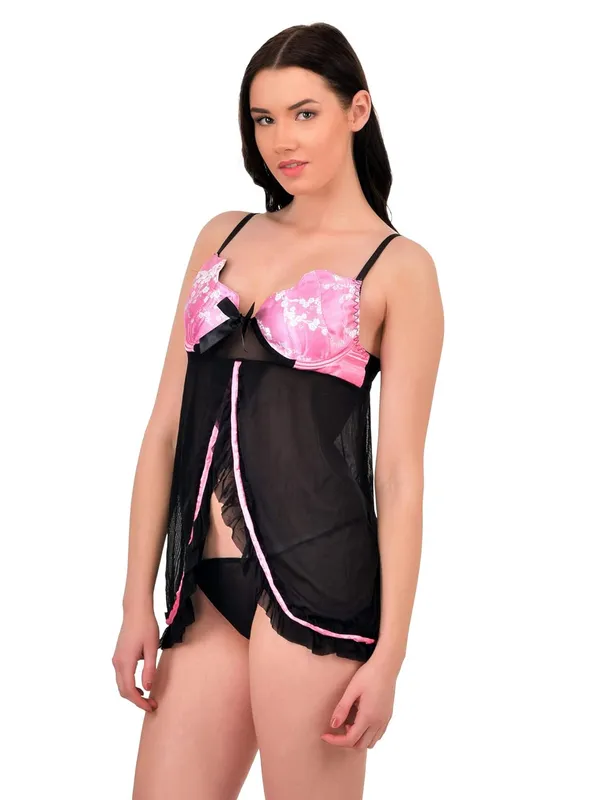 PinkBlack_Spandex_Front_Open_Shiny_Bust_Sheer_Baby_Doll_Dress_Nightwear_with_G-String_For_Women