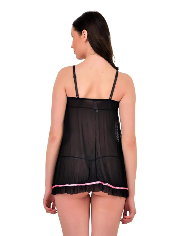 PinkBlack_Spandex_Front_Open_Shiny_Bust_Sheer_Baby_Doll_Dress_Nightwear_with_G-String_For_Women