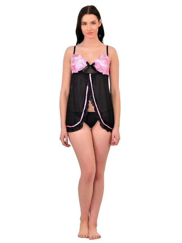 PinkBlack_Spandex_Front_Open_Shiny_Bust_Sheer_Baby_Doll_Dress_Nightwear_with_G-String_For_Women