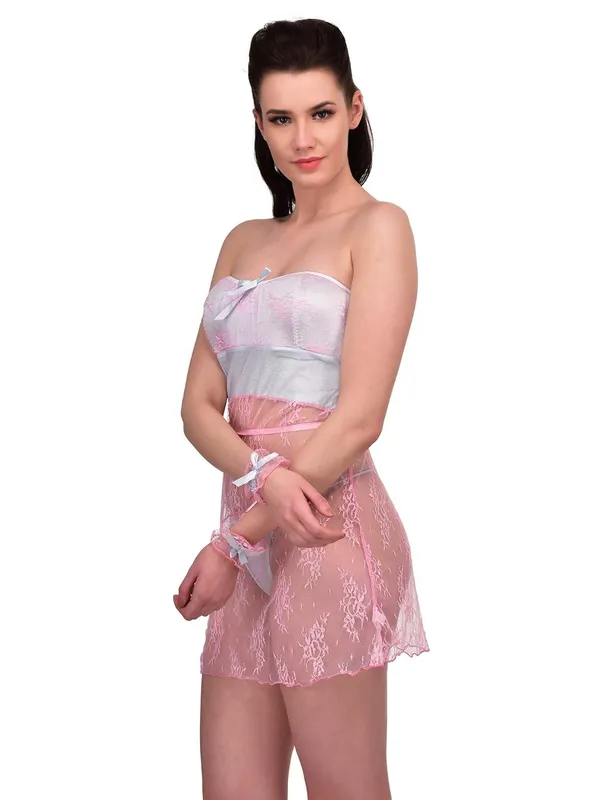 Pink_Spandex_Off_Shoulder_Baby_Doll_Dress_Nightwear_with_G-String_For_Women