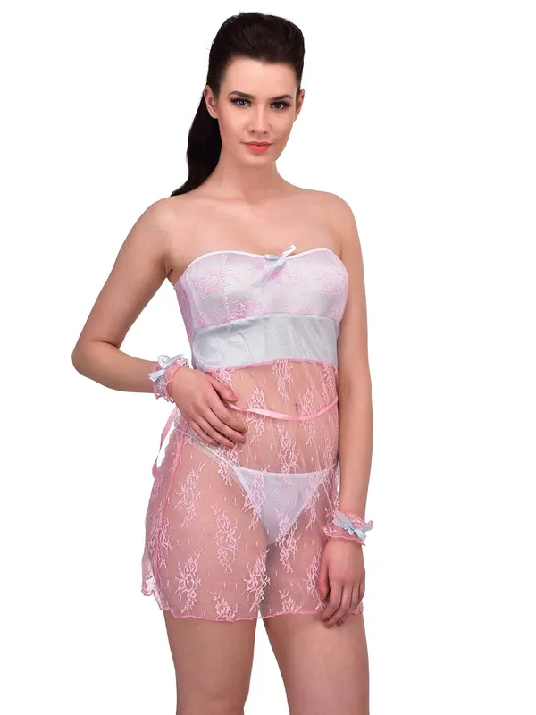 Pink_Spandex_Off_Shoulder_Baby_Doll_Dress_Nightwear_with_G-String_For_Women