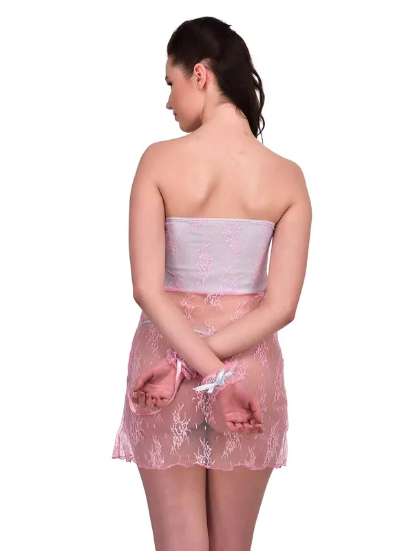 Pink_Spandex_Off_Shoulder_Baby_Doll_Dress_Nightwear_with_G-String_For_Women
