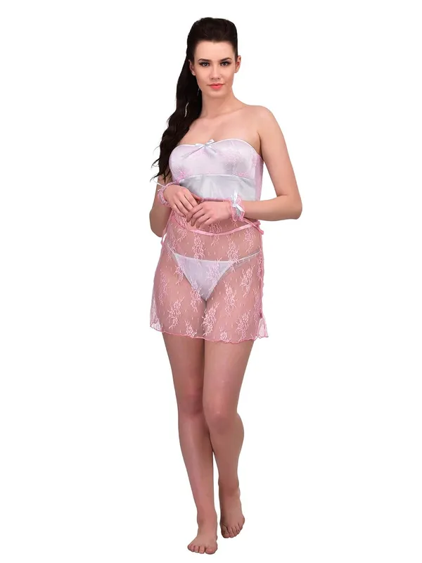 Pink_Spandex_Off_Shoulder_Baby_Doll_Dress_Nightwear_with_G-String_For_Women