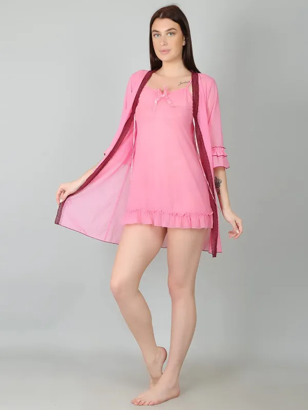 Pink_Nylon_Ruffle_Edge_3_Pc_Nightwear_Set_For_Women