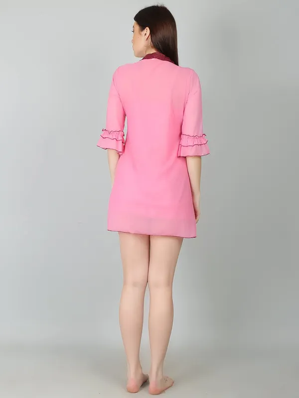 Pink_Nylon_Ruffle_Edge_3_Pc_Nightwear_Set_For_Women