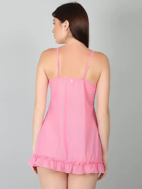 Pink_Nylon_Ruffle_Edge_3_Pc_Nightwear_Set_For_Women