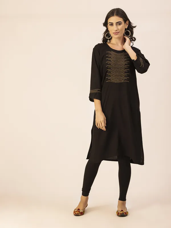 Black_Rayon_Women_Kurta,_Stylish_Embroidery_&_Pearl_Hand_work