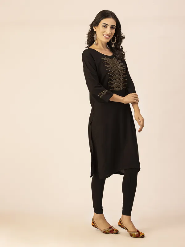 Black_Rayon_Women_Kurta,_Stylish_Embroidery_&_Pearl_Hand_work