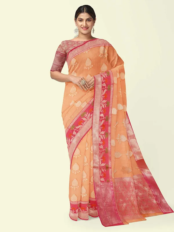 Orange_Cotton_Blend_Banarasi_Sarees_For_Women