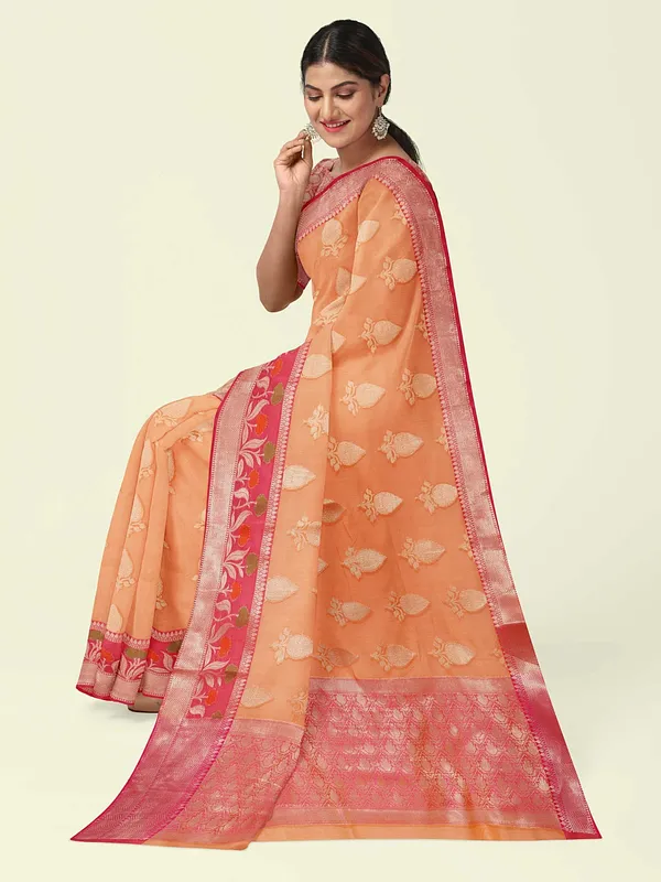 Orange_Cotton_Blend_Banarasi_Sarees_For_Women