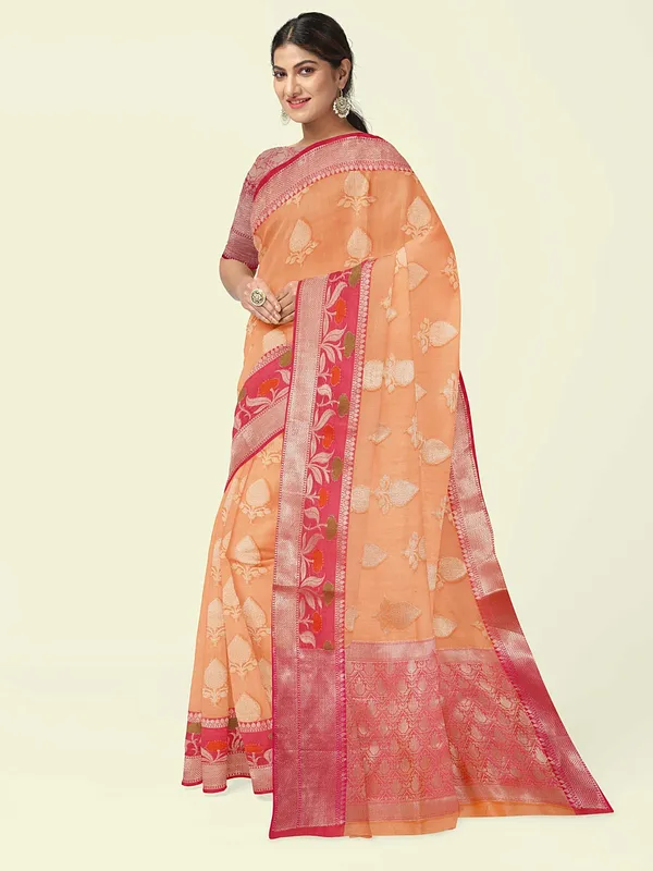 Orange_Cotton_Blend_Banarasi_Sarees_For_Women