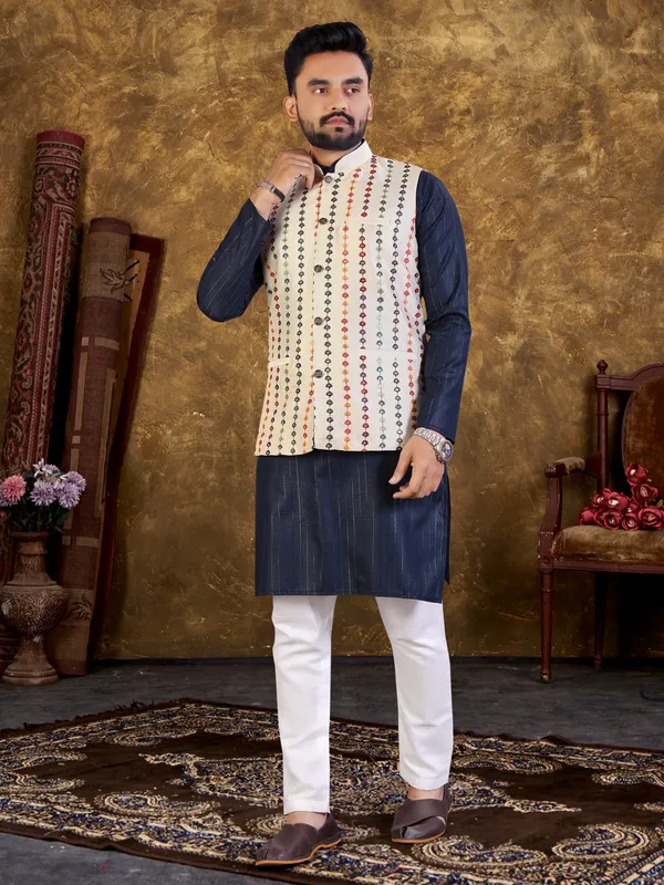 Navy_Blue_Cotton_Embroidery_Work_Kurta_Sets_With_Modi/Nehru_Jacket