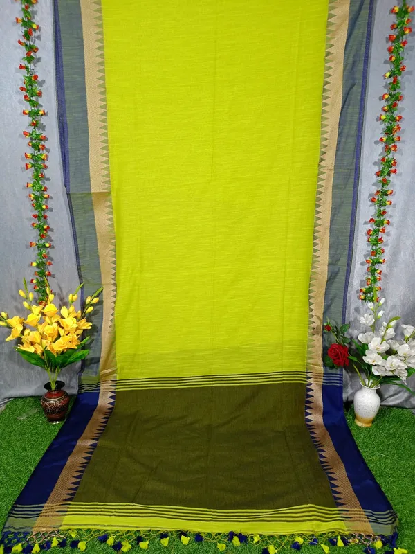 Lemon_Yellow_Net_Pom_Pom_Cotton_Handloom_Vomri_Saree_With_Blouse_Piece