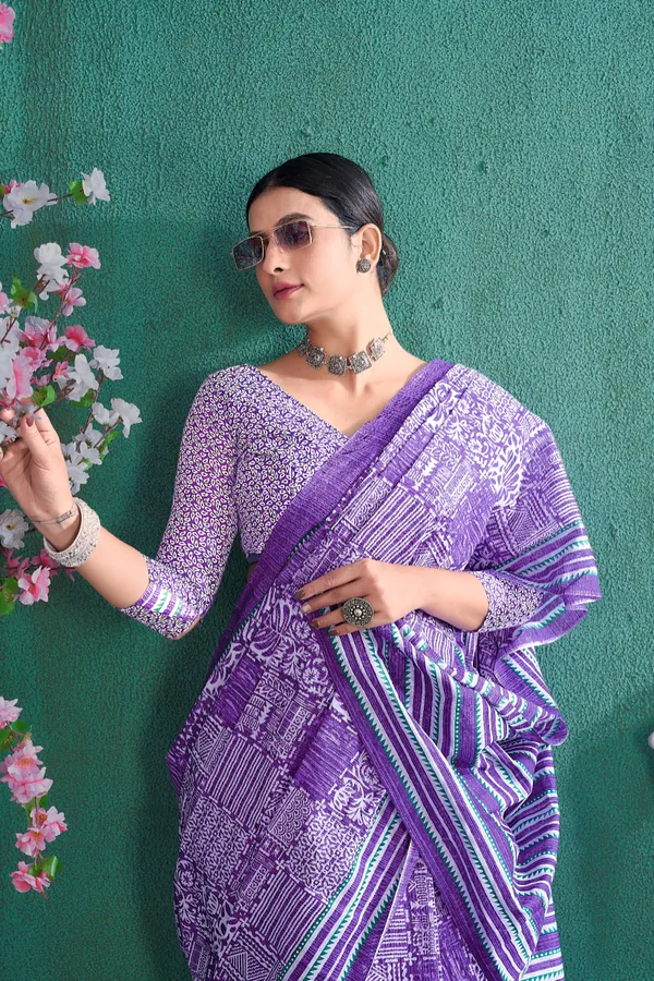 Ikkat_Print_Pure_Soft_Cotton_saree_With_Blouse_Piece
