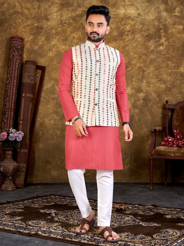 Nice_Pink_Cotton_Kurta_Sets_With_Embroidery_Work__With_Modi/Nehru_Jacket