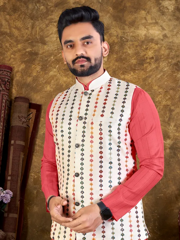 Nice_Pink_Cotton_Kurta_Sets_With_Embroidery_Work__With_Modi/Nehru_Jacket