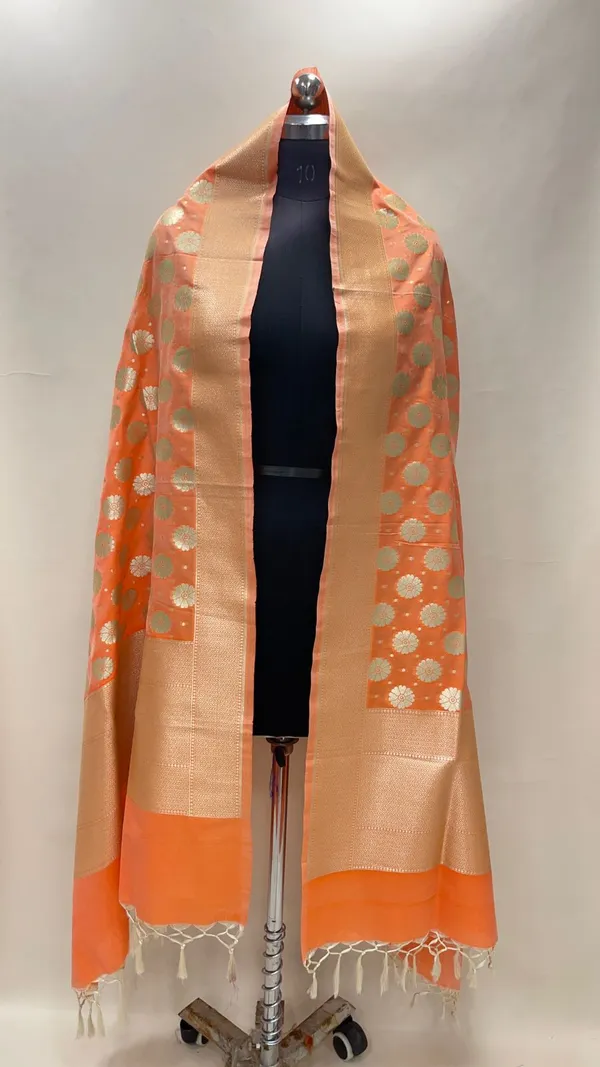 Humairah_Presents_Orange_Semi_Katan_Silk_Floral_Zari_Chunri_Boota_With__Banarasi_Border_Banarasi_Dupatta