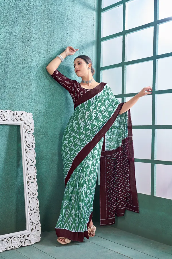 Ikkat_Print_Pure_Soft_Cotton_saree_With_Blouse_Piece