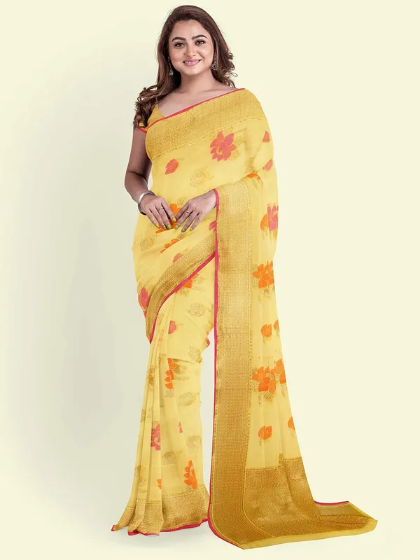 Yellow_Cotton_Blend_Banarasi_Sarees_For_Women