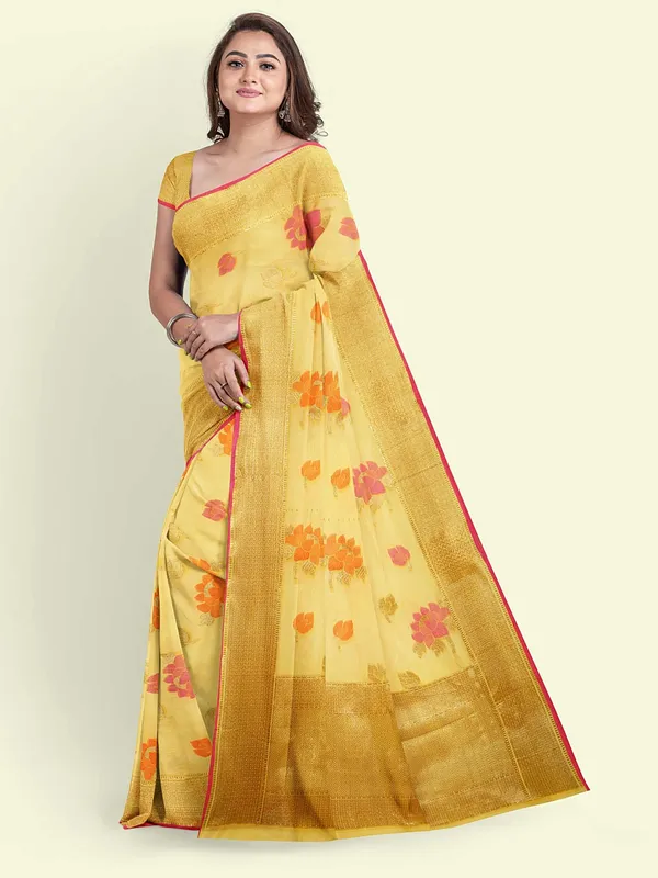 Yellow_Cotton_Blend_Banarasi_Sarees_For_Women