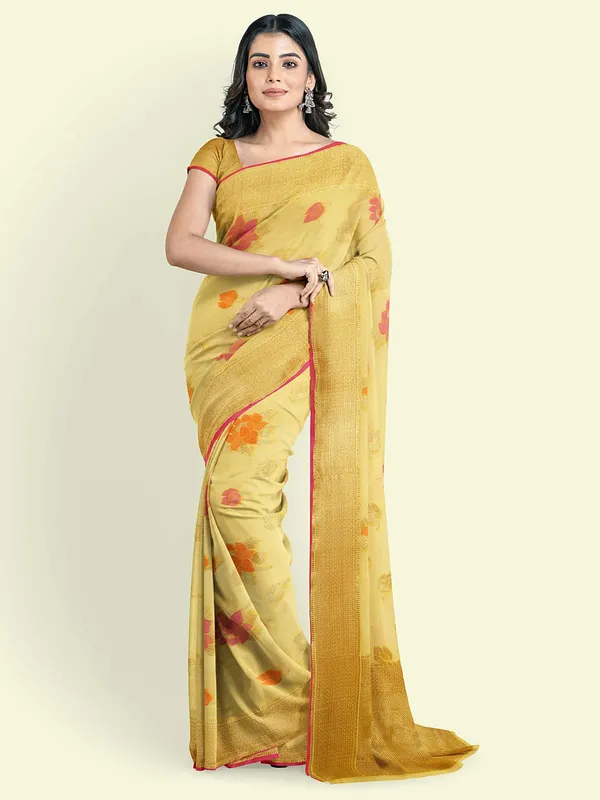 Yellow_Cotton_Blend_Banarasi_Sarees_For_Women