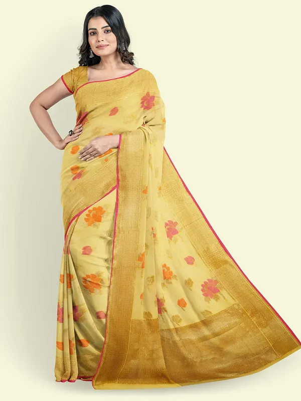 Yellow_Cotton_Blend_Banarasi_Sarees_For_Women