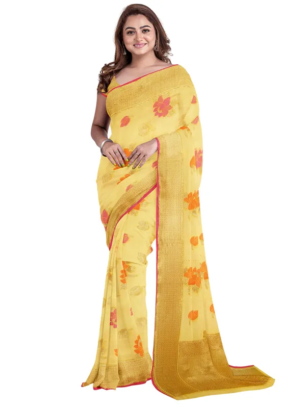 Yellow_Cotton_Blend_Banarasi_Sarees_For_Women