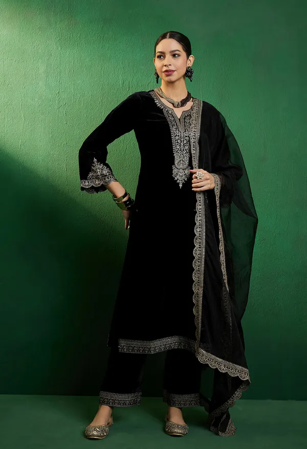 Black_Velvet_Zari_Sequence_Embroidered_Kurta_With_Palazzo_Style_Pant_And_Dupatta