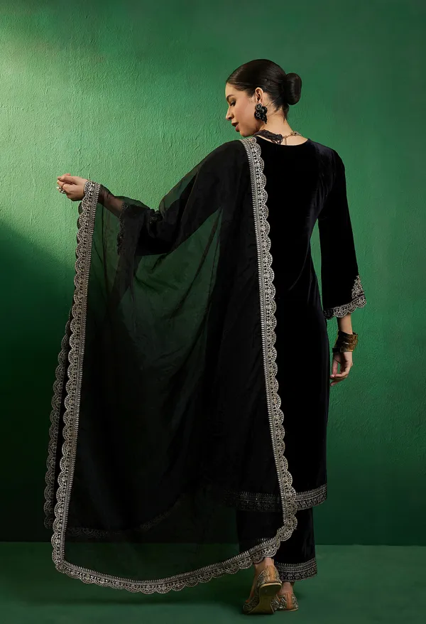 Black_Velvet_Zari_Sequence_Embroidered_Kurta_With_Palazzo_Style_Pant_And_Dupatta