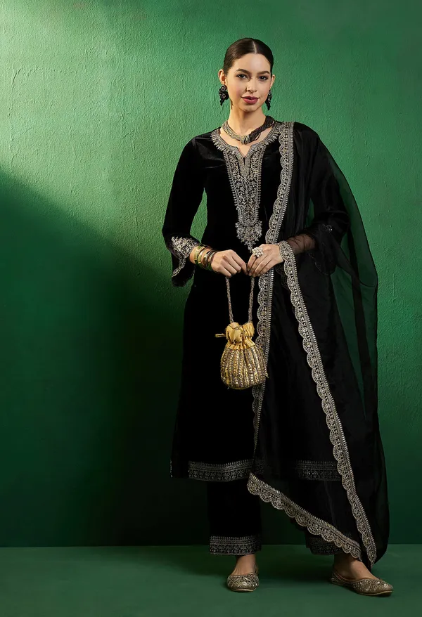 Black_Velvet_Zari_Sequence_Embroidered_Kurta_With_Palazzo_Style_Pant_And_Dupatta
