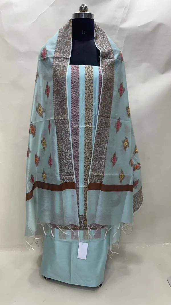 Humairah_Present_Sky_Blue_Cotton_Resham_Copper_Zari_Small_Mina_Stripe_3pcs_Suit_Set_accompanied_with_Plain_Bottom_and_Sky_Blue_Mina_Jaal_Dupatta