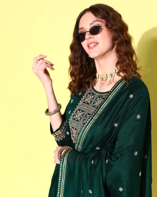 Green_Chinon_Silk_Sequence_Zari_Embroidered_Flared_Kurta_Pant_With_Dupatta