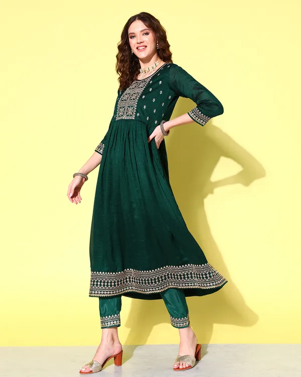 Green_Chinon_Silk_Sequence_Zari_Embroidered_Flared_Kurta_Pant_With_Dupatta