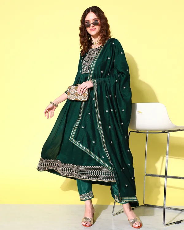 Green_Chinon_Silk_Sequence_Zari_Embroidered_Flared_Kurta_Pant_With_Dupatta