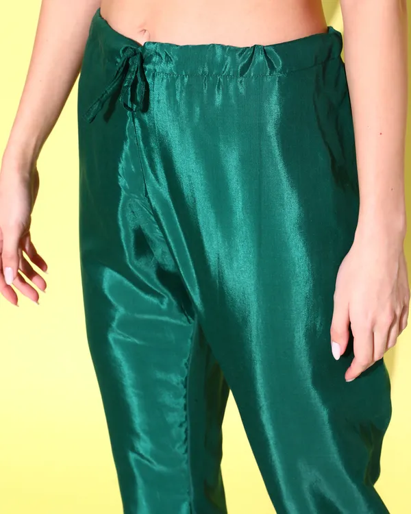 Green_Chinon_Silk_Sequence_Zari_Embroidered_Flared_Kurta_Pant_With_Dupatta