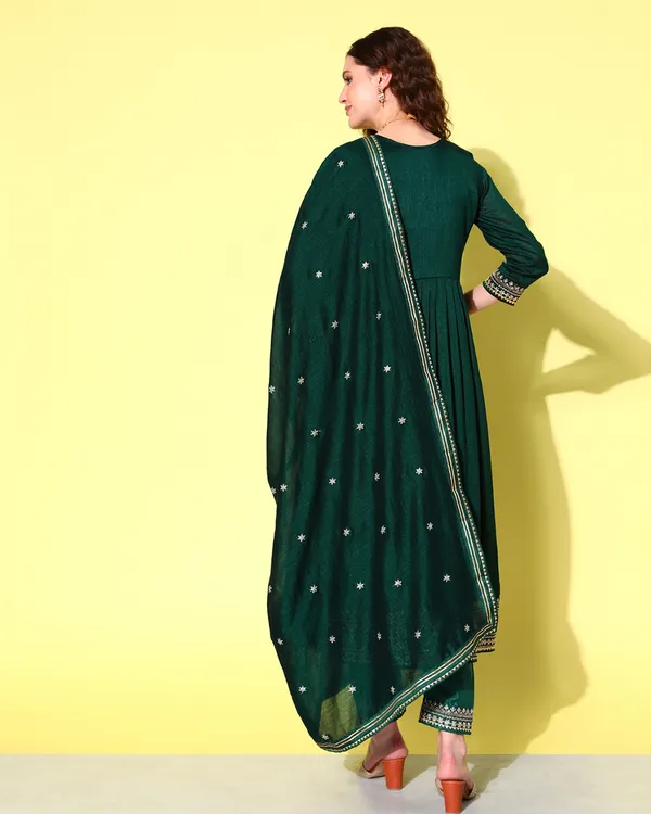 Green_Chinon_Silk_Sequence_Zari_Embroidered_Flared_Kurta_Pant_With_Dupatta