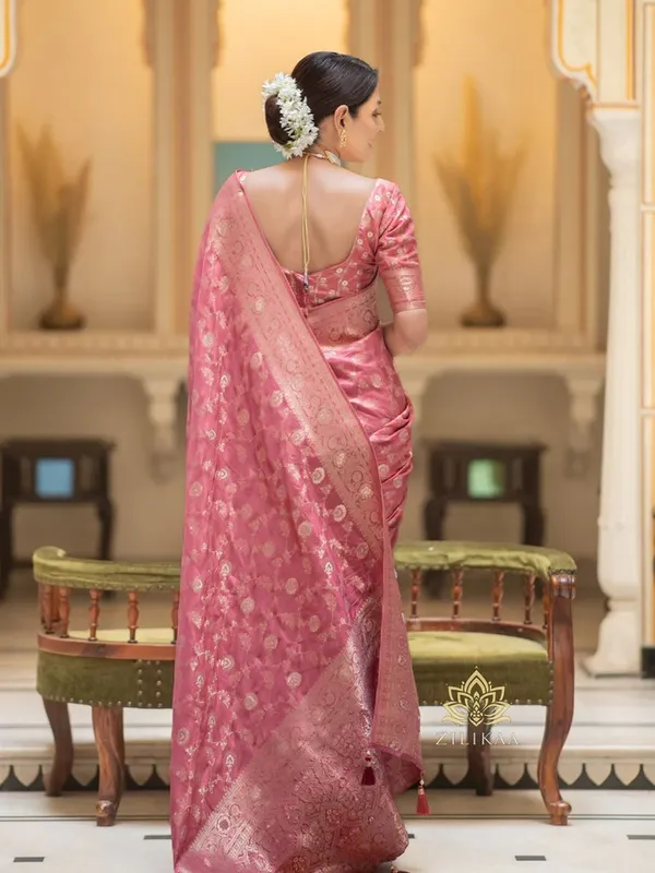 Peach_Soft_Banarasi_Silk_Saree_With_Blouse_Piece_For_Women
