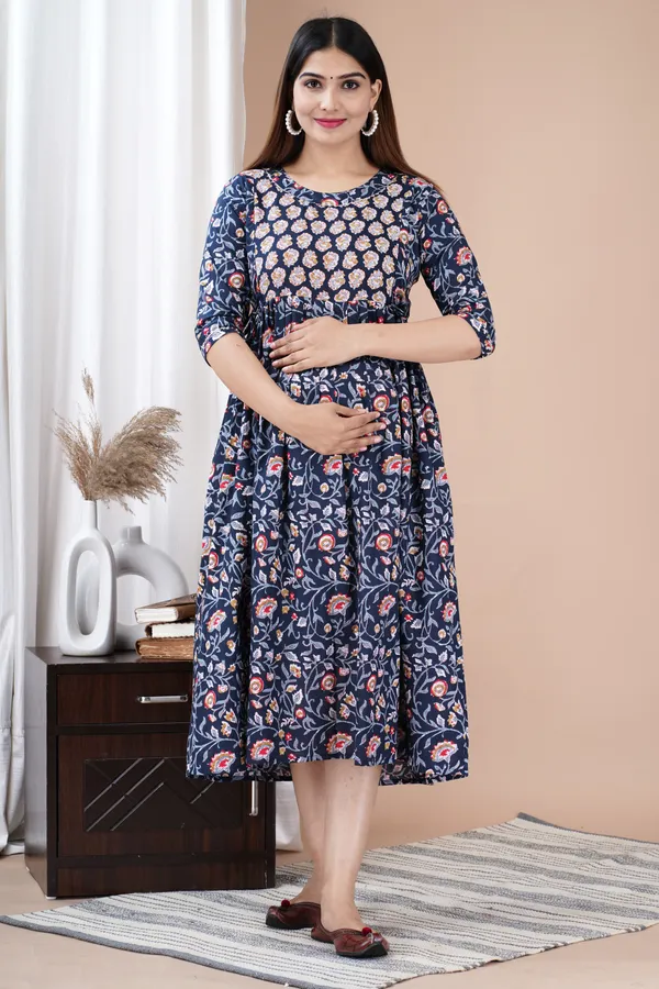 Blue_Printed_Pure_Cotton_Rayon_Anarkali_Maternity_Kurta