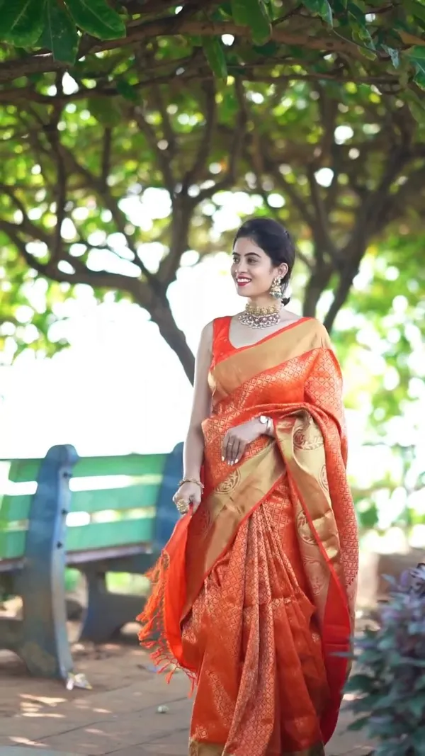 Orange_Banarasi_Silk_Zari_Saree_with_Blouse_Piece_For_Women