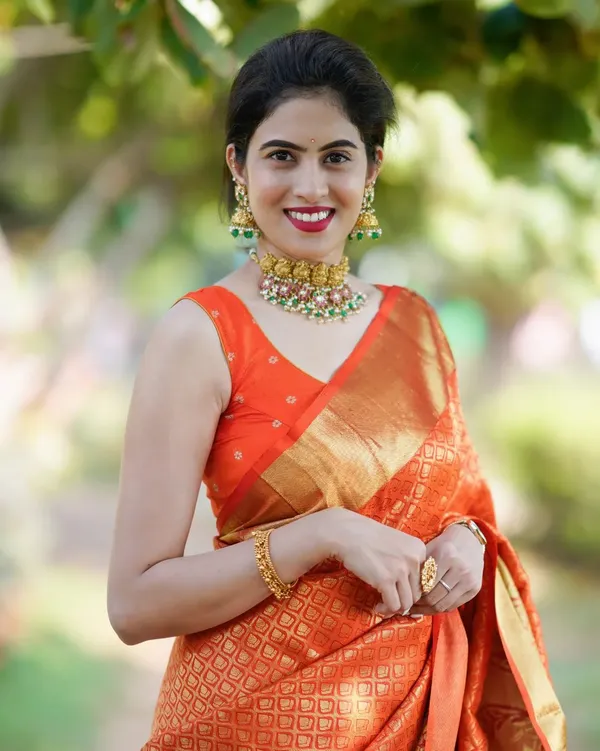 Orange_Banarasi_Silk_Zari_Saree_with_Blouse_Piece_For_Women