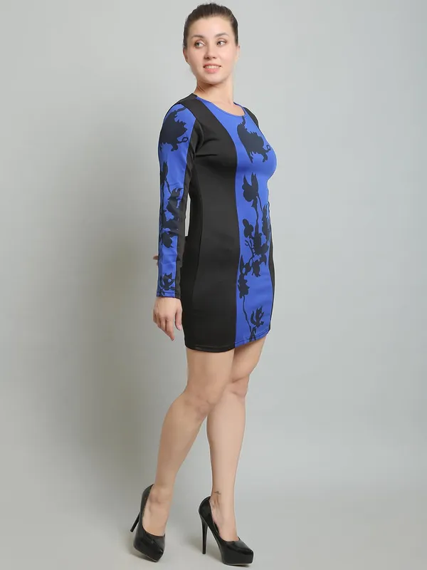 Blue_Crew_Neck_Long_Sleeves_Colour_Block_Bodycon_Mini_Dress_For_Women