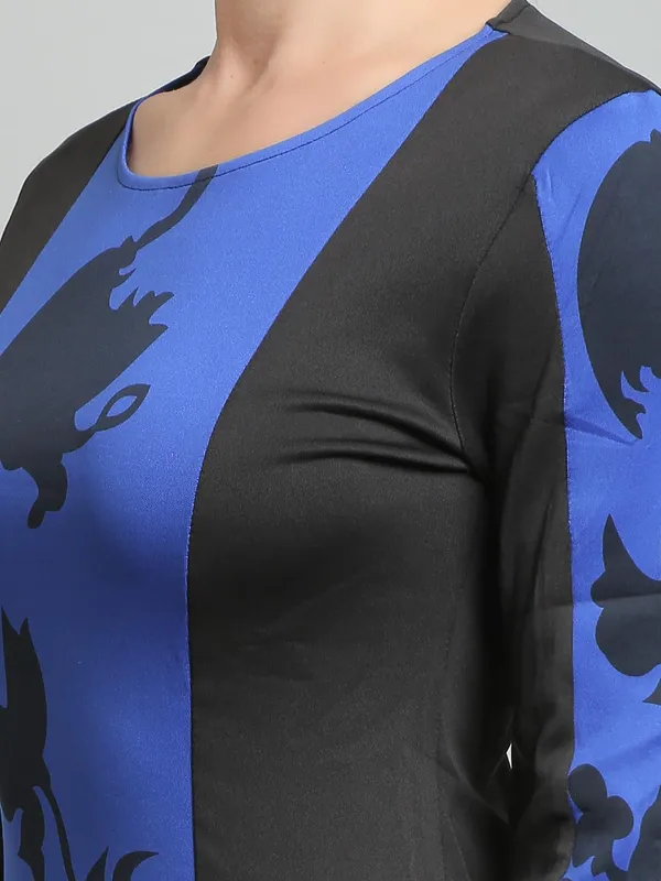 Blue_Crew_Neck_Long_Sleeves_Colour_Block_Bodycon_Mini_Dress_For_Women