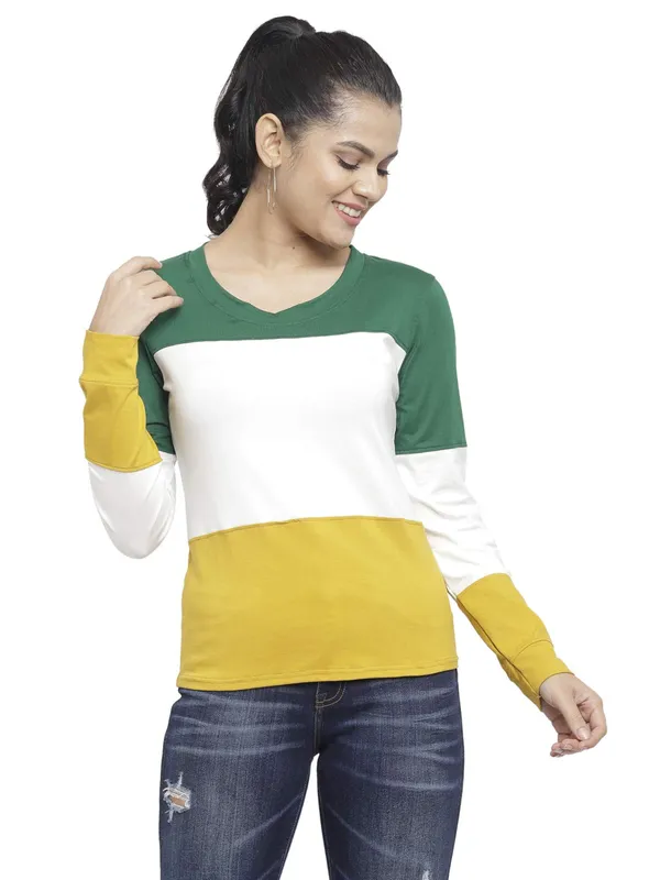 GreenOffWhiteMustard_Cotton_Strechable_Long_Sleeves_Tee_Top_T-ShirtsOff_For_Women