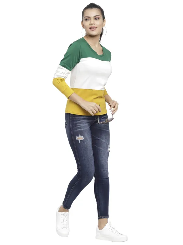 GreenOffWhiteMustard_Cotton_Strechable_Long_Sleeves_Tee_Top_T-ShirtsOff_For_Women