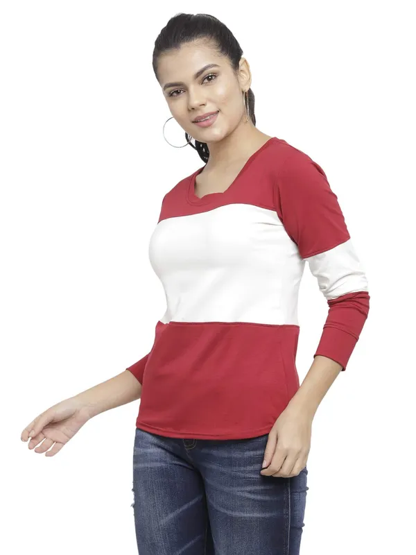 MaroonOffWhite_Cotton_Strechable_Long_Sleeves_Tee_Top_T-ShirtsOff_For_Women