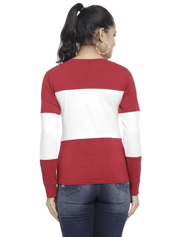 MaroonOffWhite_Cotton_Strechable_Long_Sleeves_Tee_Top_T-ShirtsOff_For_Women