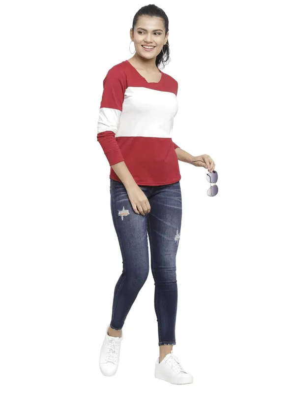 MaroonOffWhite_Cotton_Strechable_Long_Sleeves_Tee_Top_T-ShirtsOff_For_Women